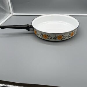 Vintage Cottagecore Enamel Frying Pan Skillet Floral‎ Orange Mid Century Retro